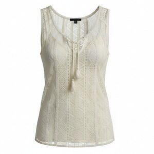 American‎ Eagle Women Tank Top Cream XL Lace Tassel Tie Boho Romantic Feminine